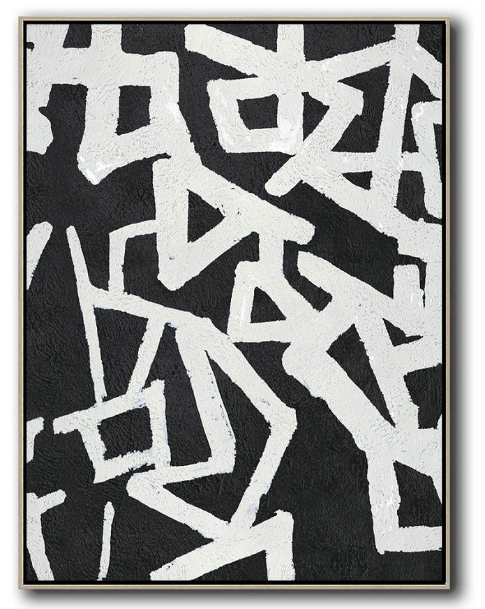 Handmade Large Painting,Black And White Minimal Painting On Canvas - Big Living Room Decor